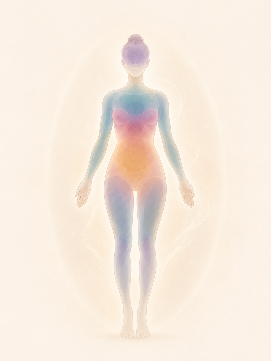 An illustrated figure. Colour is strongest over the body systems where you reported symptoms.